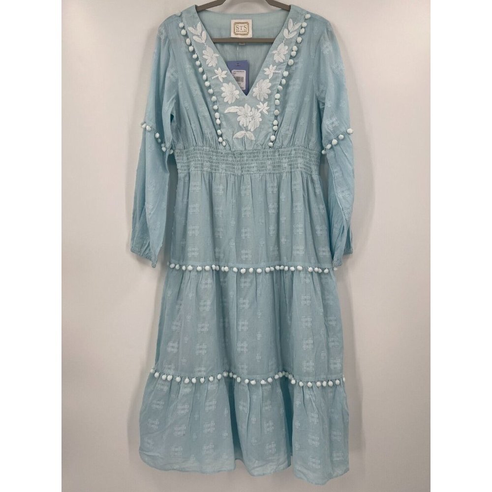 Sail to Sable STS Women's Embroidered Pom Pom Midi Dress in Sky Blue R1907 sz M